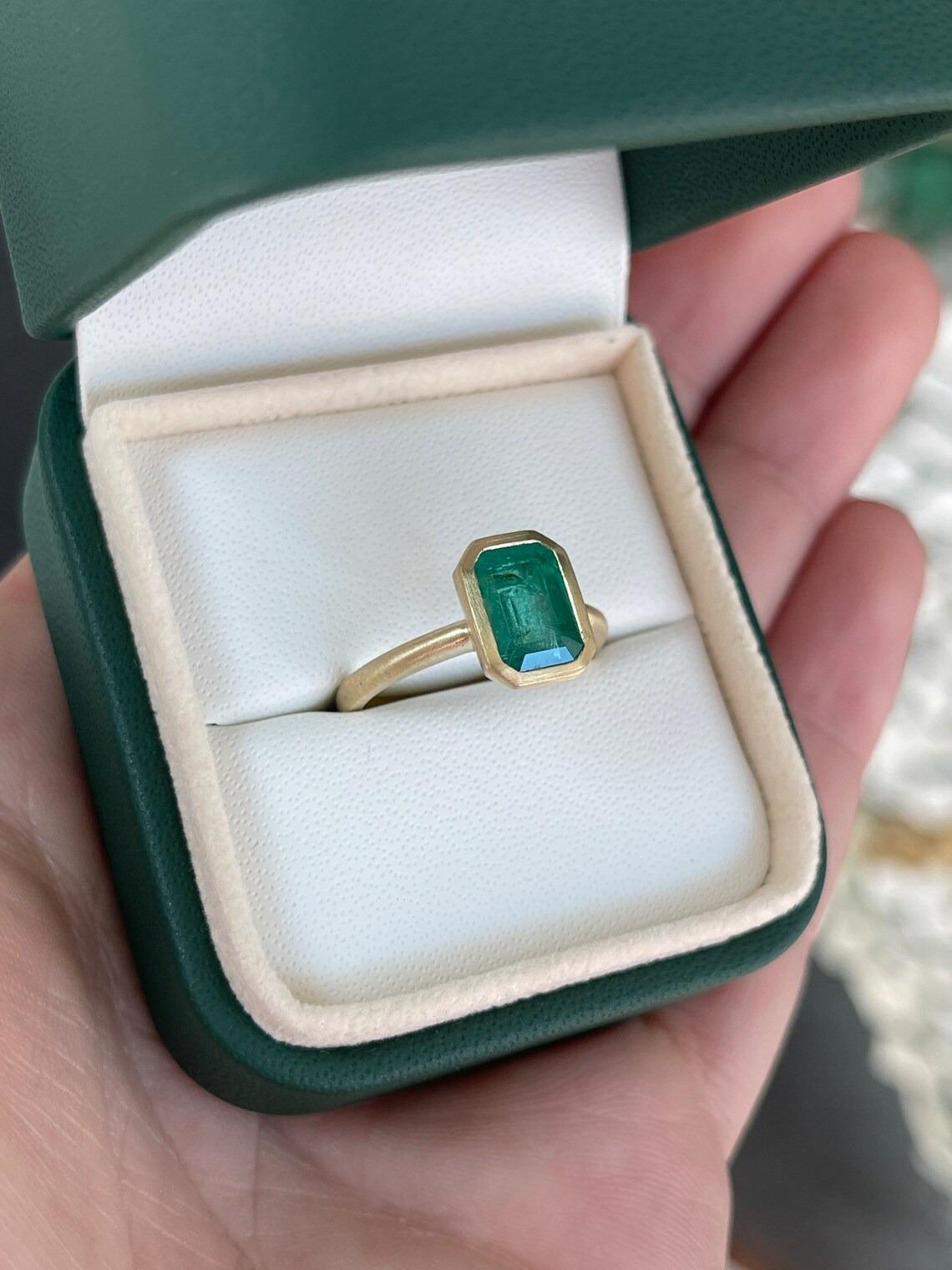 2.35ct 14K Natural Dark Green Emerald Cut Emerald Solitaire Engagement BezelRing 1