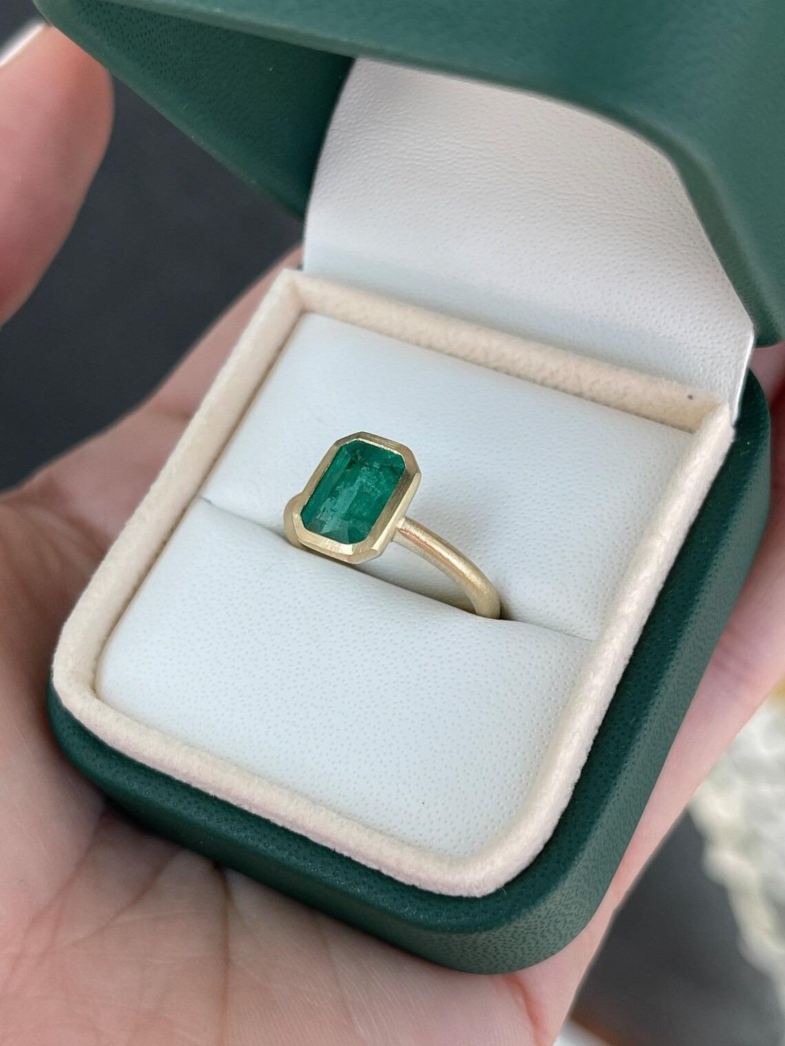 2.35ct 14K Natural Dark Green Emerald Cut Emerald Solitaire Engagement BezelRing 2