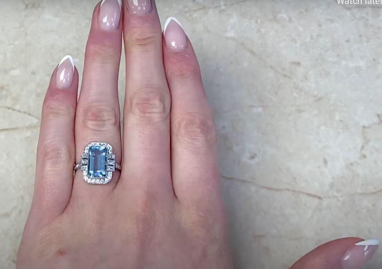 2.35ct Emerald Cut Natural Aquamarine Engagement Ring, Diamond Halo, Platinum For Sale 5