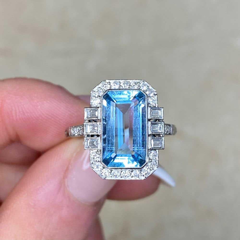 2.35ct Emerald Cut Natural Aquamarine Engagement Ring, Diamond Halo, Platinum For Sale 6