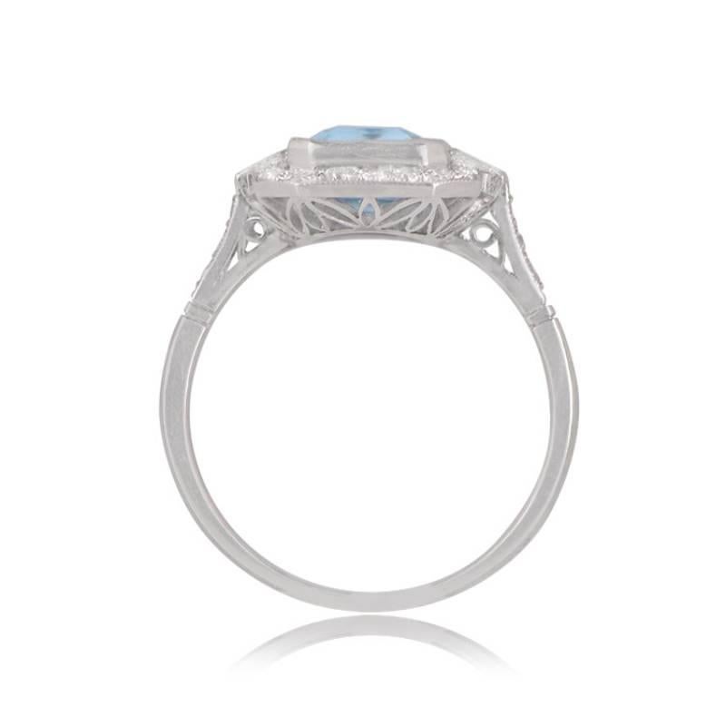 2.35ct Emerald Cut Natural Aquamarine Engagement Ring, Diamond Halo, Platinum In Excellent Condition For Sale In New York, NY