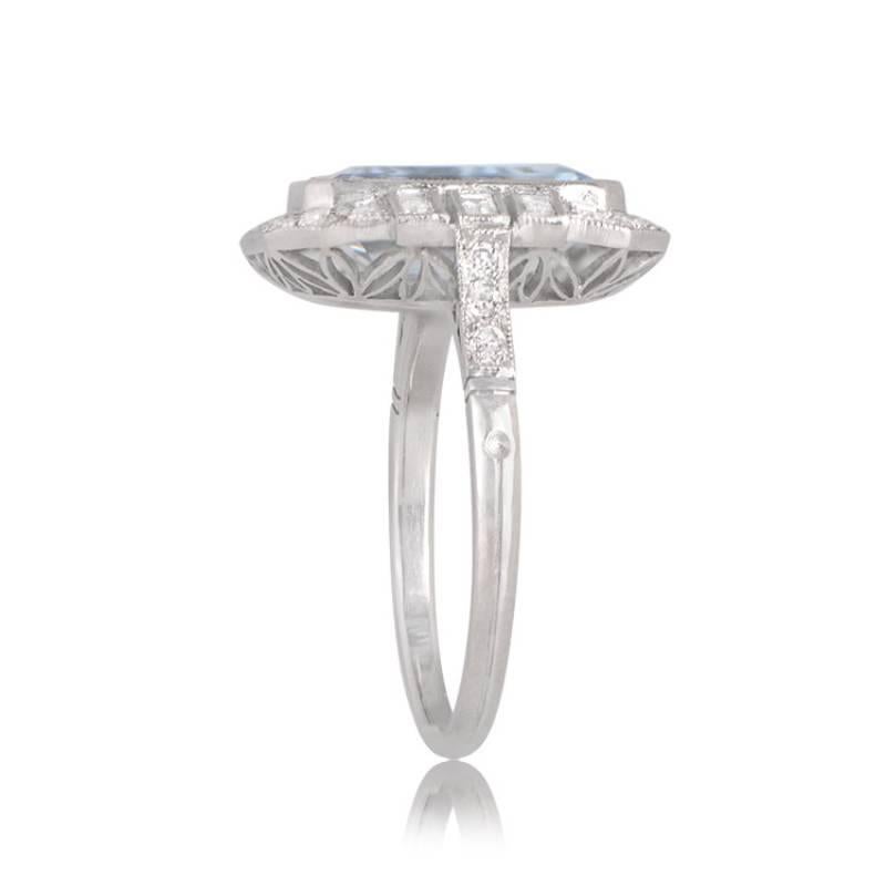 Art Deco 2.35ct Emerald Cut Natural Aquamarine Engagement Ring, Diamond Halo, Platinum For Sale