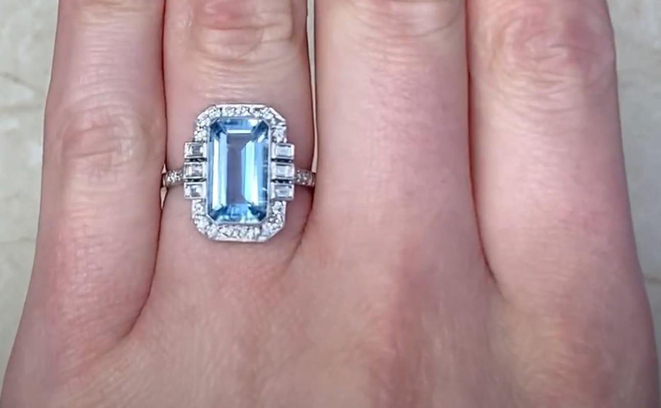 Women's 2.35ct Emerald Cut Natural Aquamarine Engagement Ring, Diamond Halo, Platinum For Sale