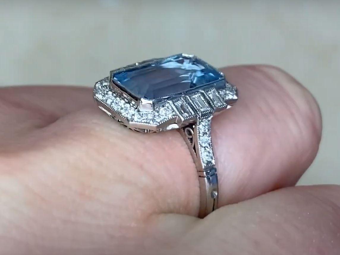 2.35ct Emerald Cut Natural Aquamarine Engagement Ring, Diamond Halo, Platinum For Sale 2