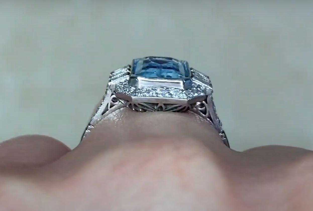 2.35ct Emerald Cut Natural Aquamarine Engagement Ring, Diamond Halo, Platinum For Sale 3