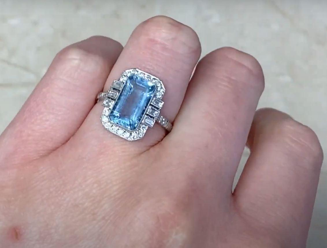 2.35ct Emerald Cut Natural Aquamarine Engagement Ring, Diamond Halo, Platinum For Sale 4