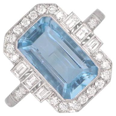 2.35ct Emerald Cut Natural Aquamarine Engagement Ring, Diamond Halo, Platinum For Sale
