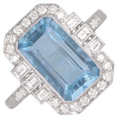 2.35ct Emerald Cut Natural Aquamarine Engagement Ring, Diamond Halo, Platinum