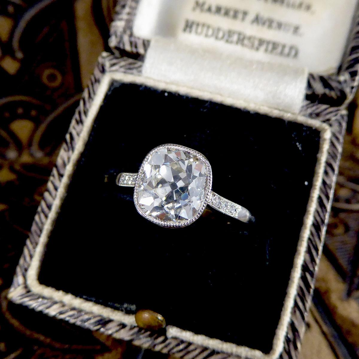 2.35ct Old Cushion Cut Diamond Collar Set Solitaire Engagement Ring with Diamond In Excellent Condition For Sale In Yorkshire, West Yorkshire