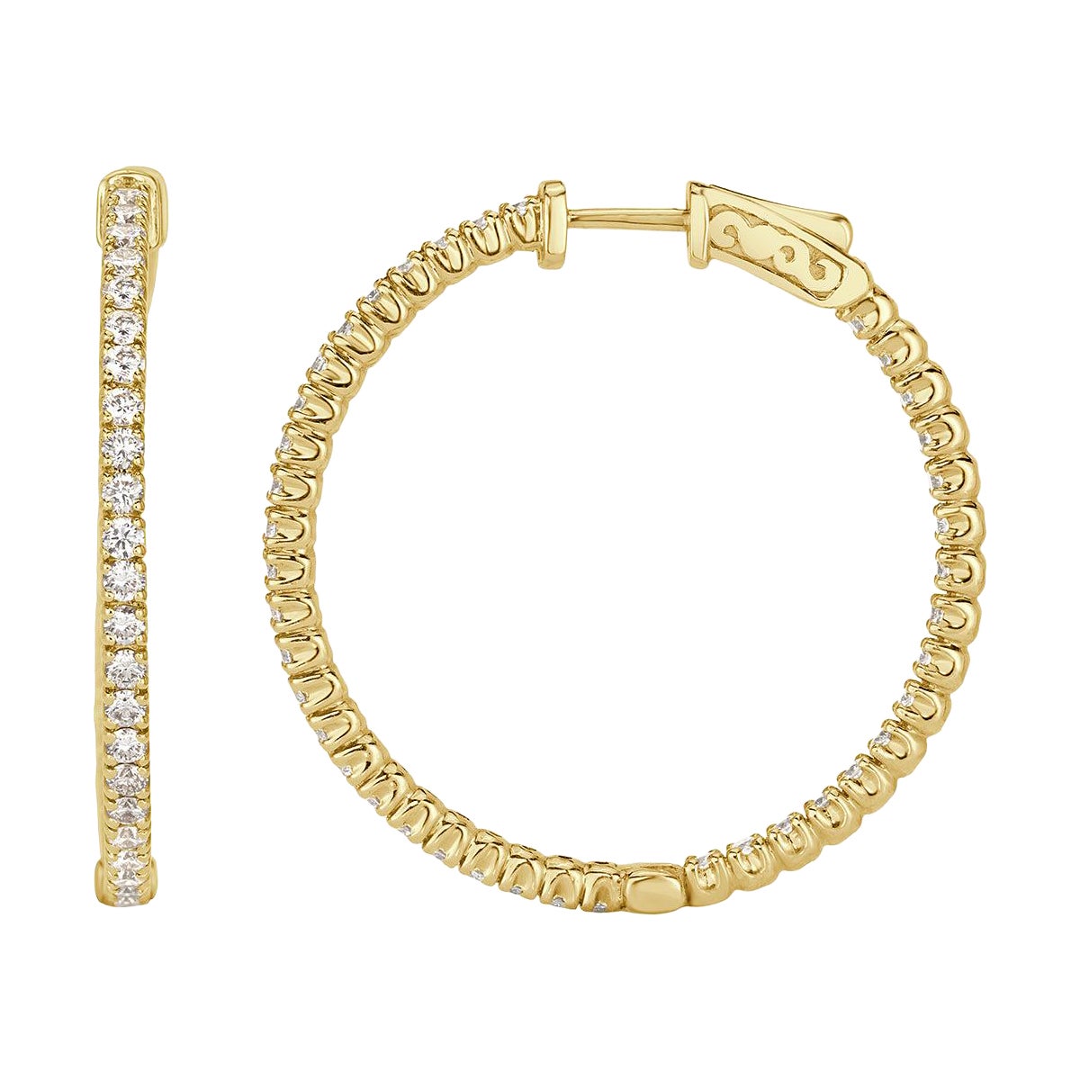 2.35ct Round Brilliant Cut Diamond Hoop Earrings in 14k Yellow Gold en vente