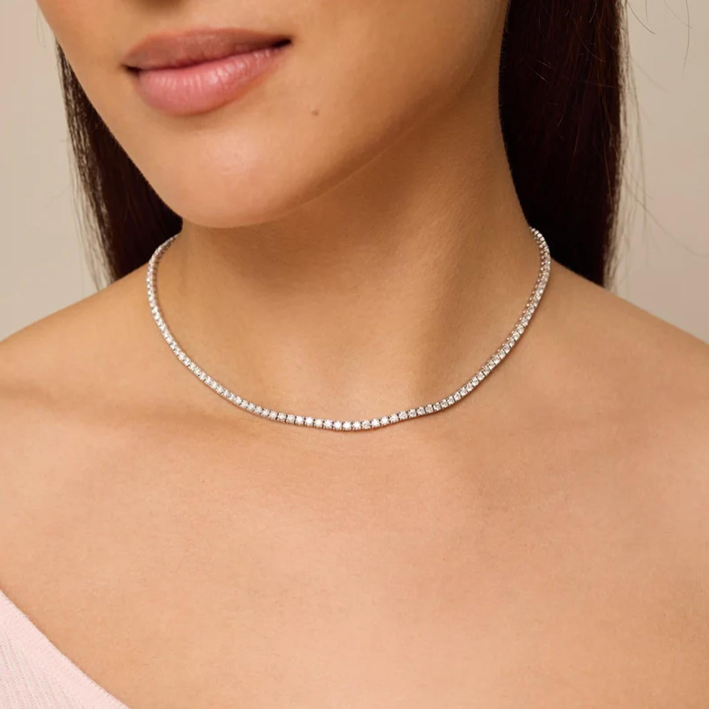 23.5ct Round Cut 14K White Gold 4-prongs F VVS2 Diamond Tennis Necklace For Sale 2