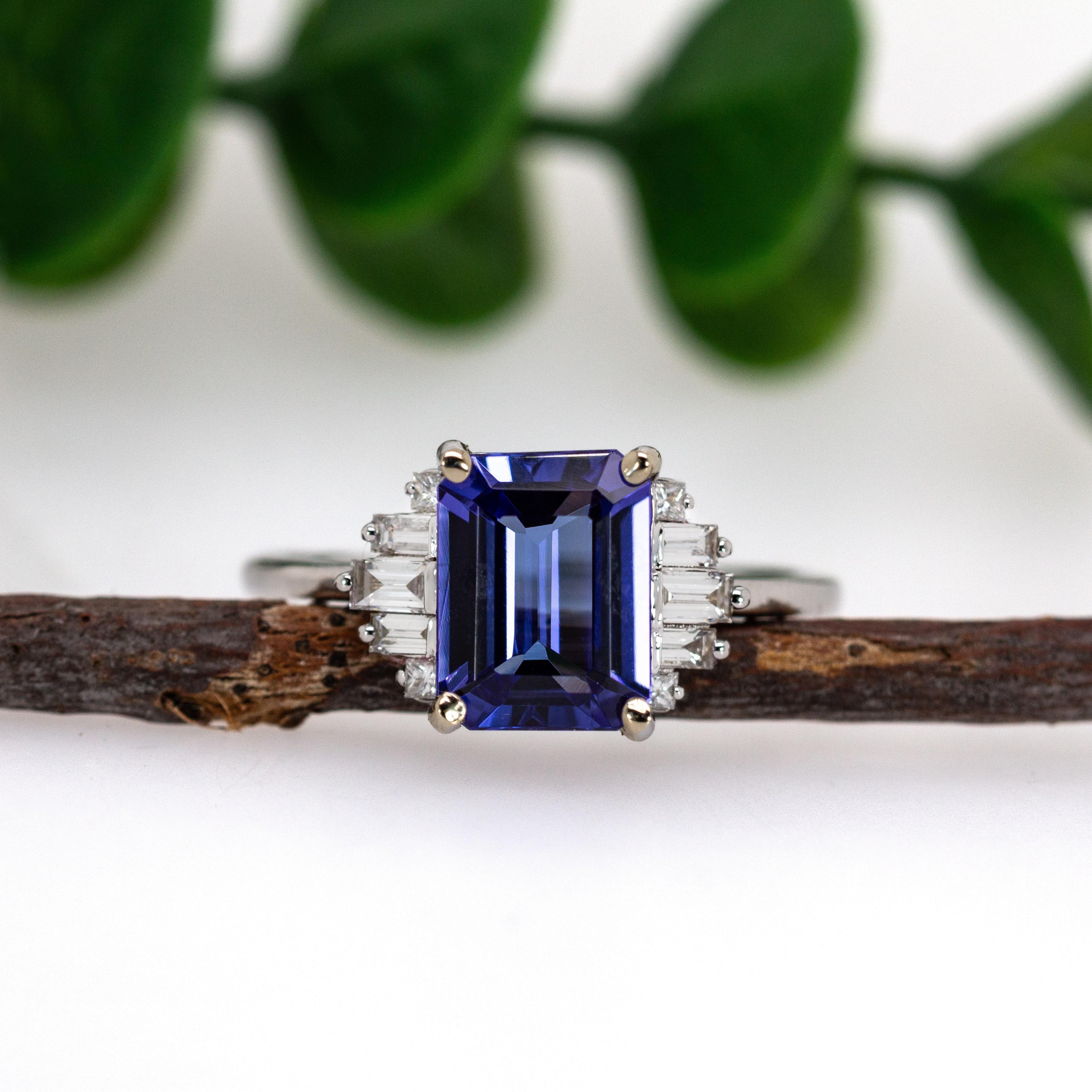 Art Deco 2.35cts Tanzanite Ring with Natural Diamonds in Solid 14K White Gold  EM 9x7mm For Sale