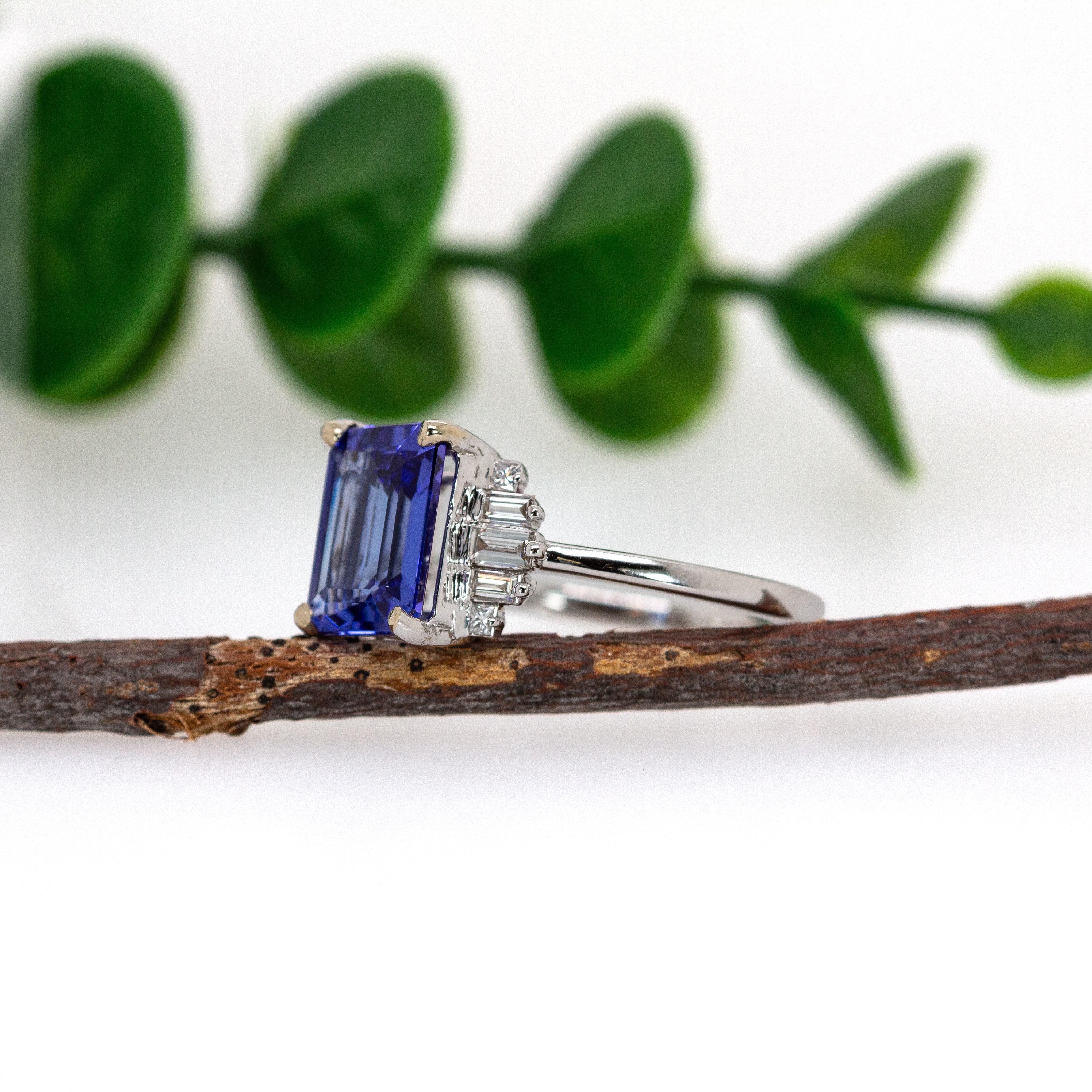 Emerald Cut 2.35cts Tanzanite Ring with Natural Diamonds in Solid 14K White Gold  EM 9x7mm For Sale