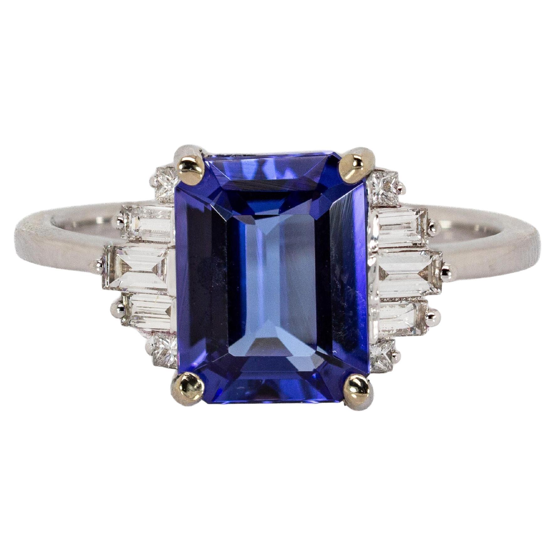 2.35cts Tanzanite Ring with Natural Diamonds in Solid 14K White Gold  EM 9x7mm