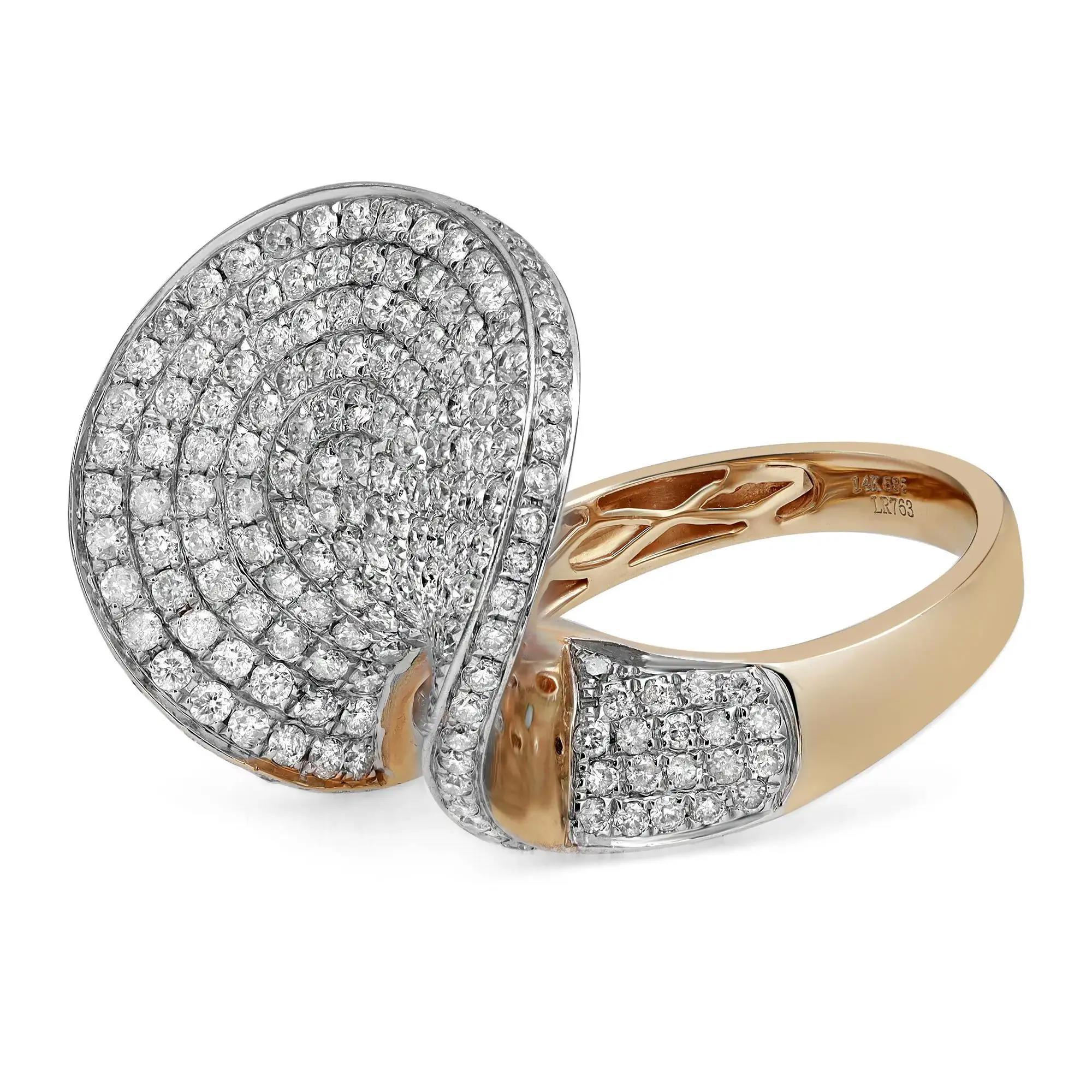 This bold and beautiful cocktail ring features pave set round cut diamonds weighing 2.35 carats. Crafted in 14k yellow gold, this ring exudes understated style and elegance. Diamond color I and SI1 clarity. Ring size 7.5. Total weight: 9.20 grams. A