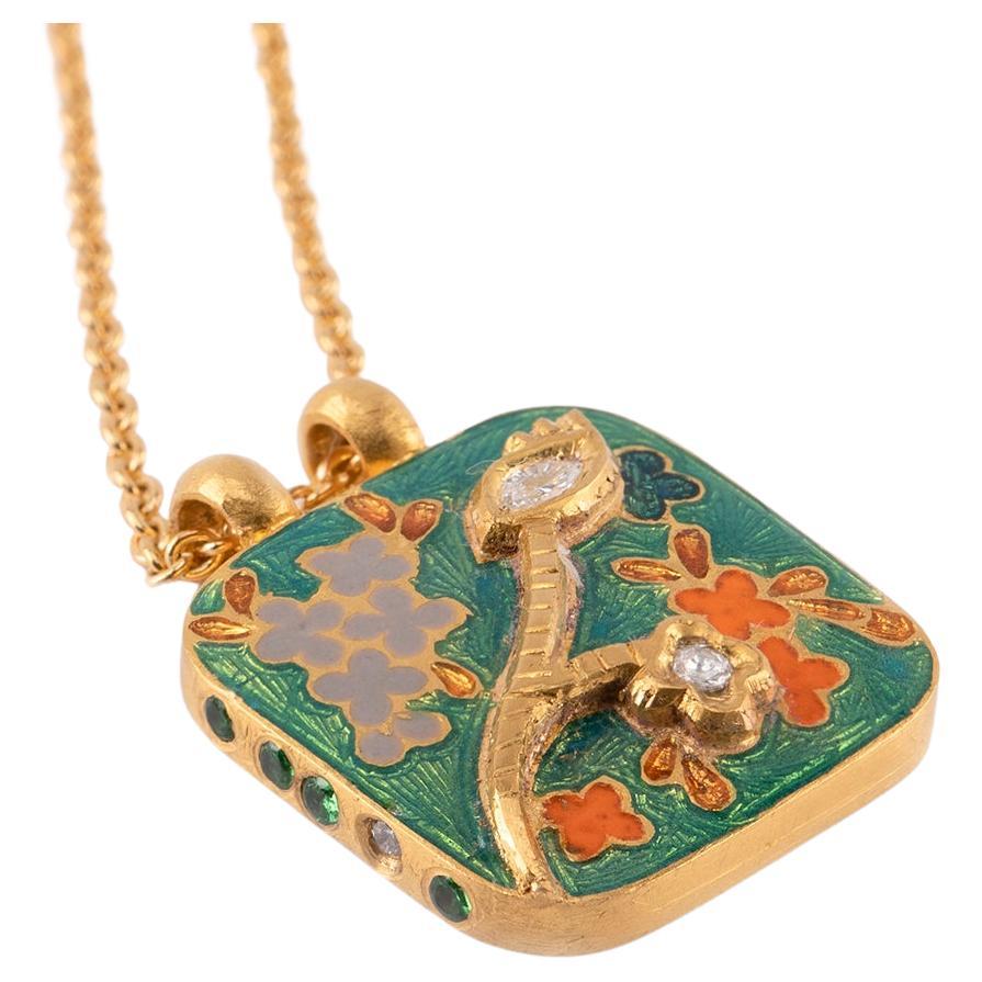 Artisan 23.5K Gold & Diamond Floral Enamel Reversible Pendant Necklace Handmade by Agaro