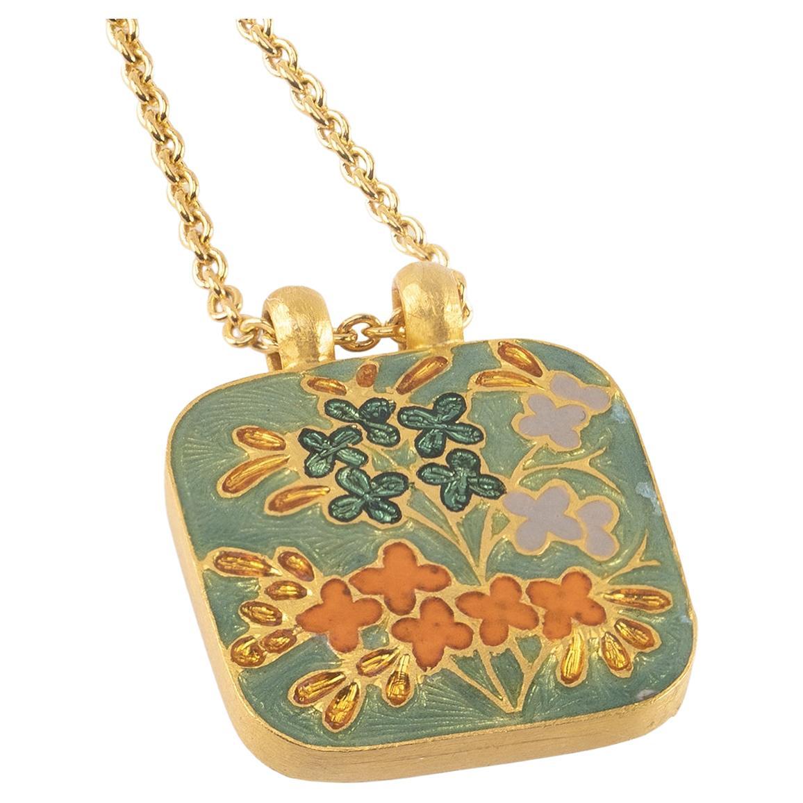 Brilliant Cut 23.5K Gold & Diamond Floral Enamel Reversible Pendant Necklace Handmade by Agaro