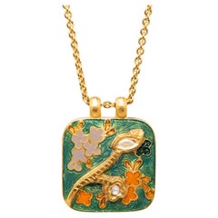 23.5K Gold & Diamond Floral Enamel Reversible Pendant Necklace Handmade by Agaro