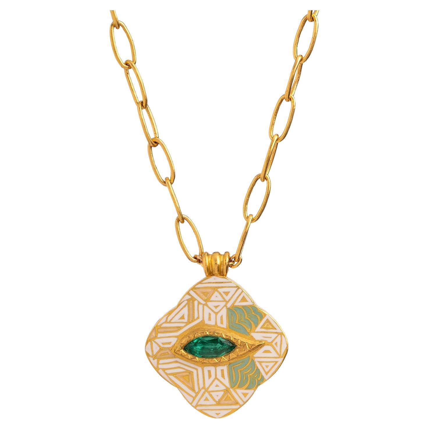 Artisan 23.5K Gold Enamel Eye Pendant Necklace with 0.6 Carat Marquise Emerald by Agaro For Sale