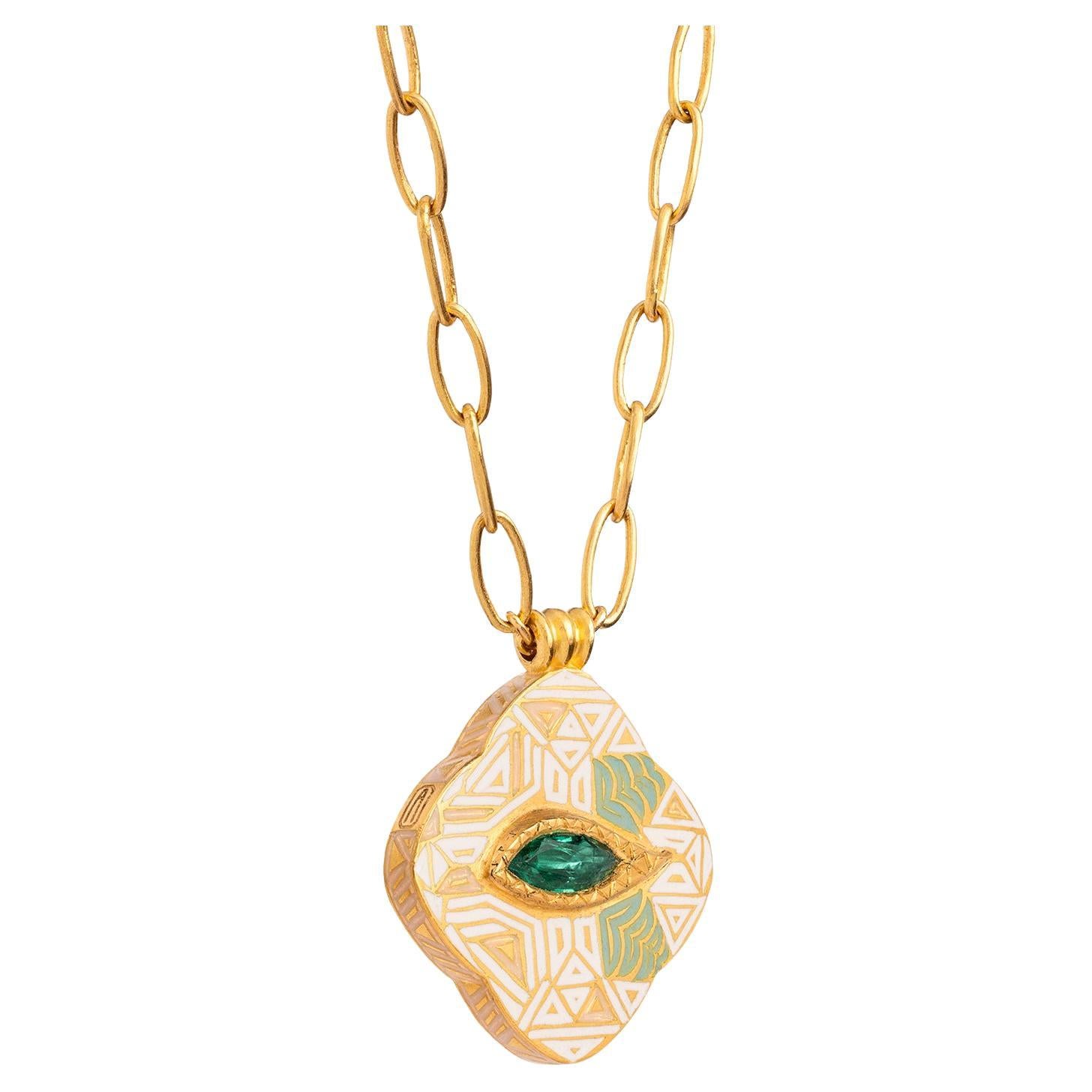 Marquise Cut 23.5K Gold Enamel Eye Pendant Necklace with 0.6 Carat Marquise Emerald by Agaro For Sale