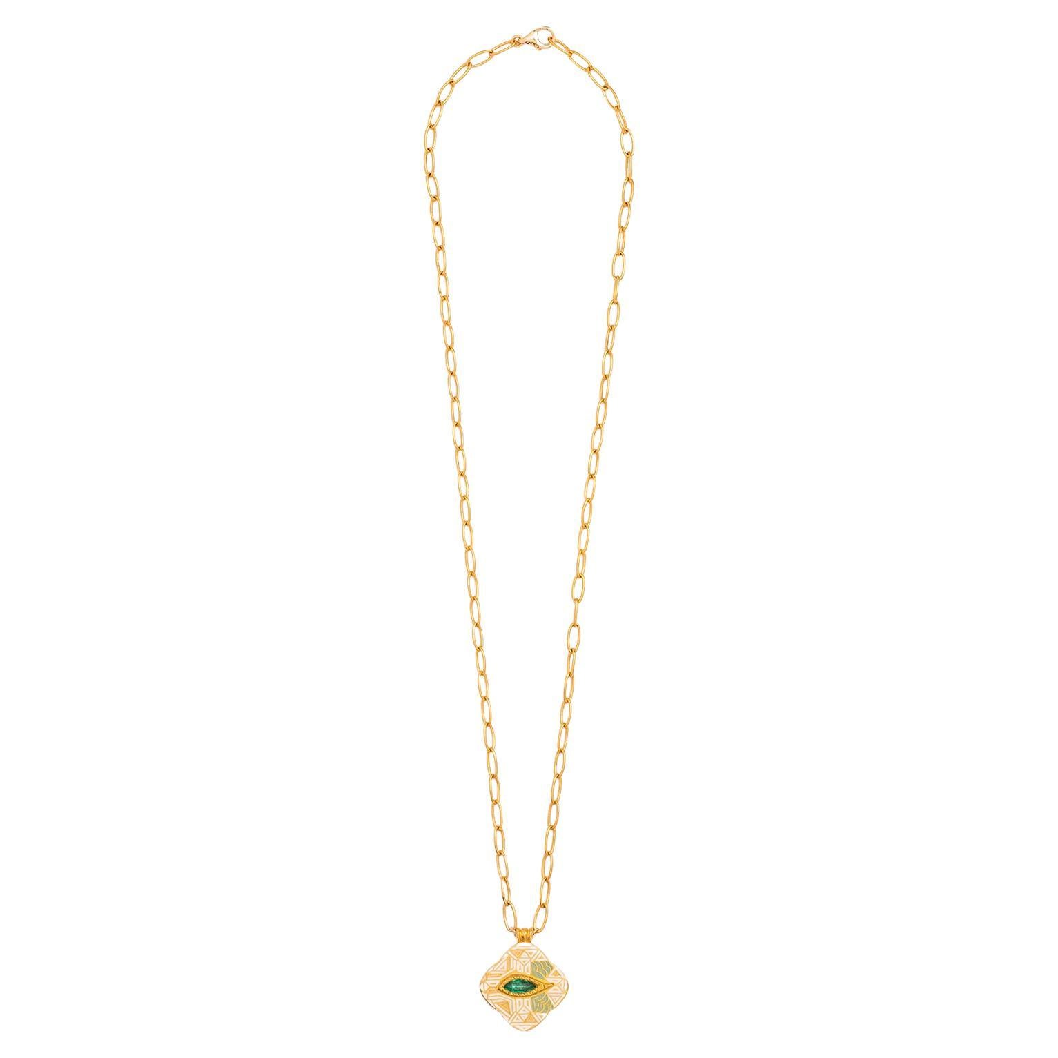 23.5K Gold Enamel Eye Pendant Necklace with 0.6 Carat Marquise Emerald by Agaro For Sale 3