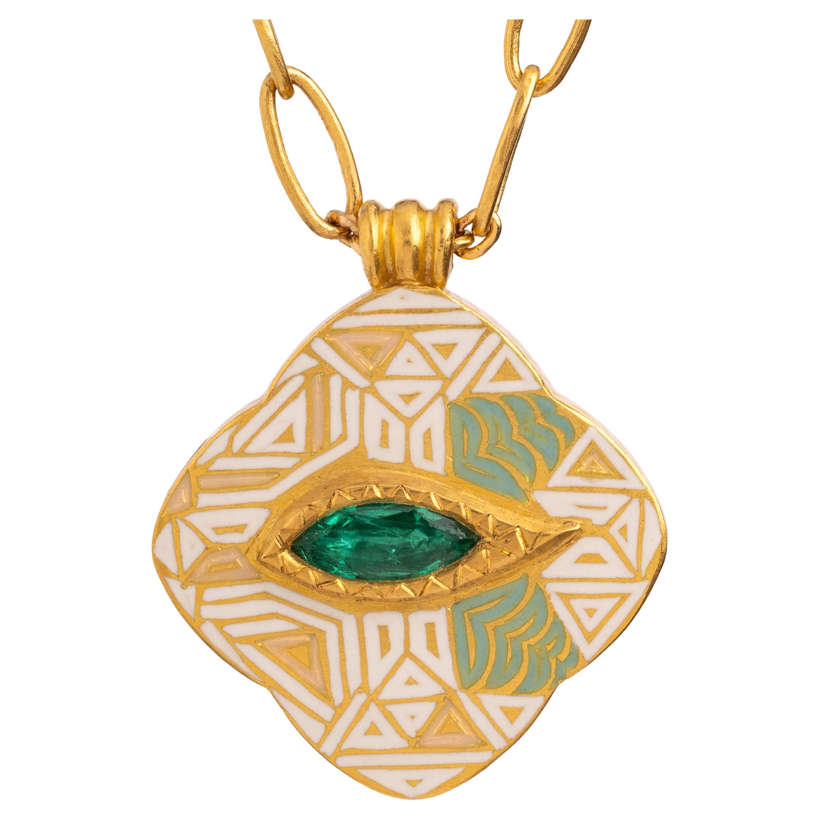 23.5K Gold Enamel Eye Pendant Necklace with 0.6 Carat Marquise Emerald by Agaro For Sale