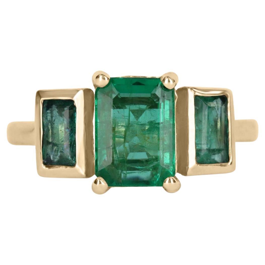 2.65tcw Emerald Cut Three Stone Emerald Gold Prong & Bezel Anniversay ring 14K For Sale