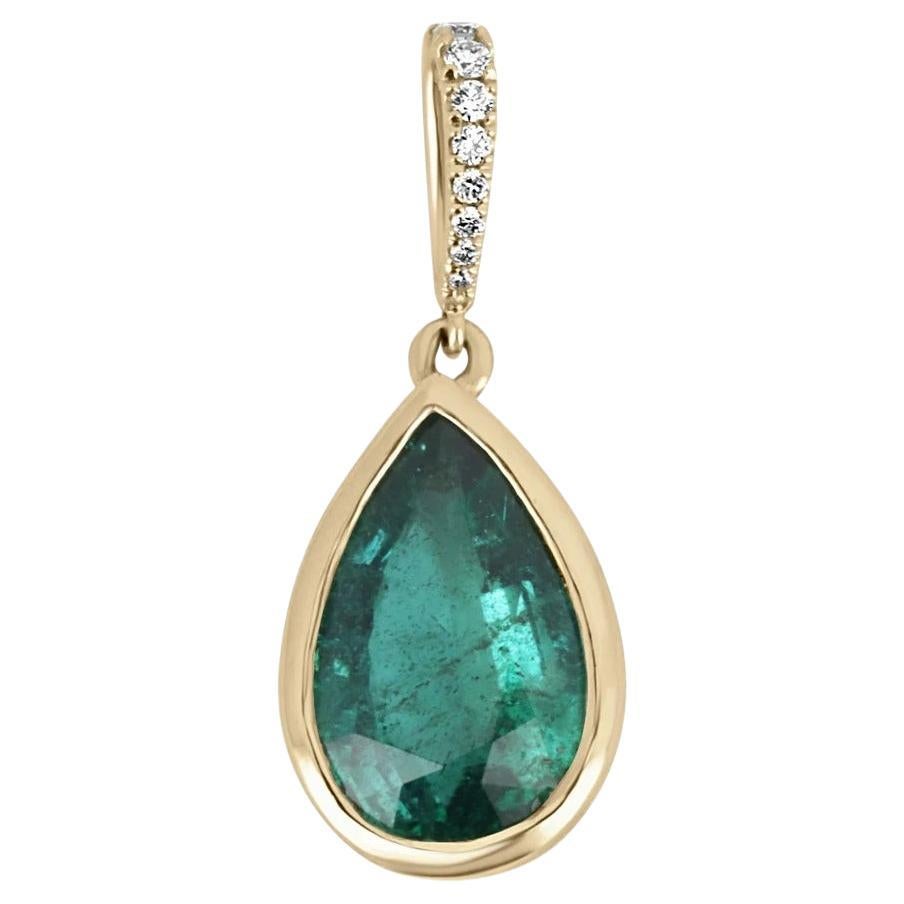 2.35tcw 14K Natural Emerald-Pear Cut Bezel Set with Diamond Accent Gold Bail