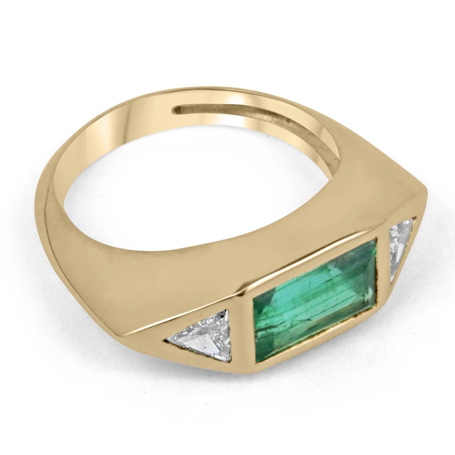 Featured here is a one-of-a-kind, breathtaking, FINE quality heirloom emerald and diamond three-stone ring in solid 18K. The center stone is a stunning 2.00-carat, natural emerald-baguette cu. The baguette cut is one of the rarest shapes for an