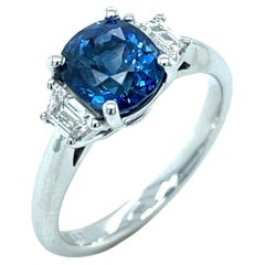 2.36 Carat Blue Sapphire 'GIA' and Diamond Trapezoid 3-Stone Engagement Ring