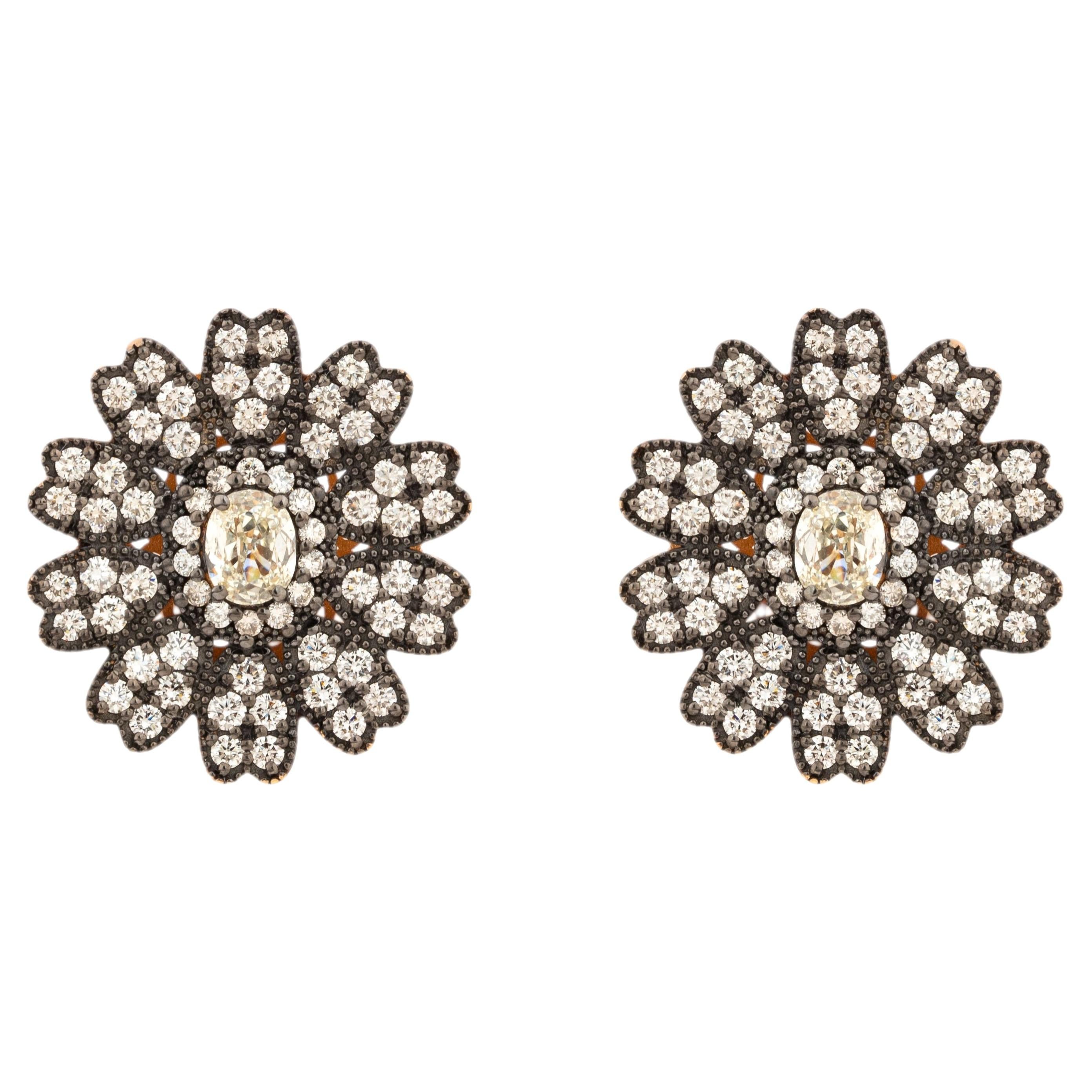 2.36 Carat Diamond Scalloped Rosette Flower Statement Stud Earrings in 18K Gold