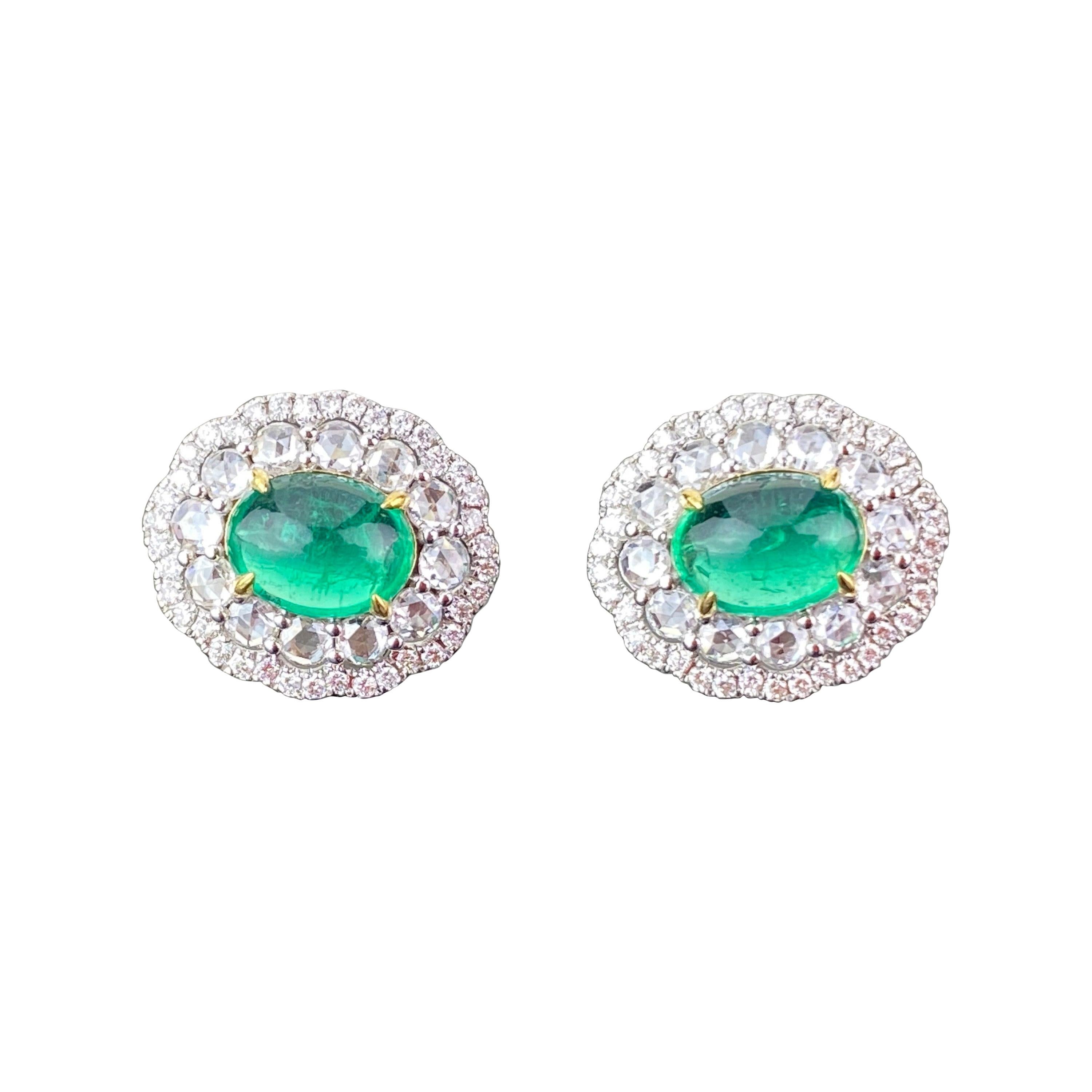 2.36 Carat Emerald Cabochon and Diamond Studs For Sale