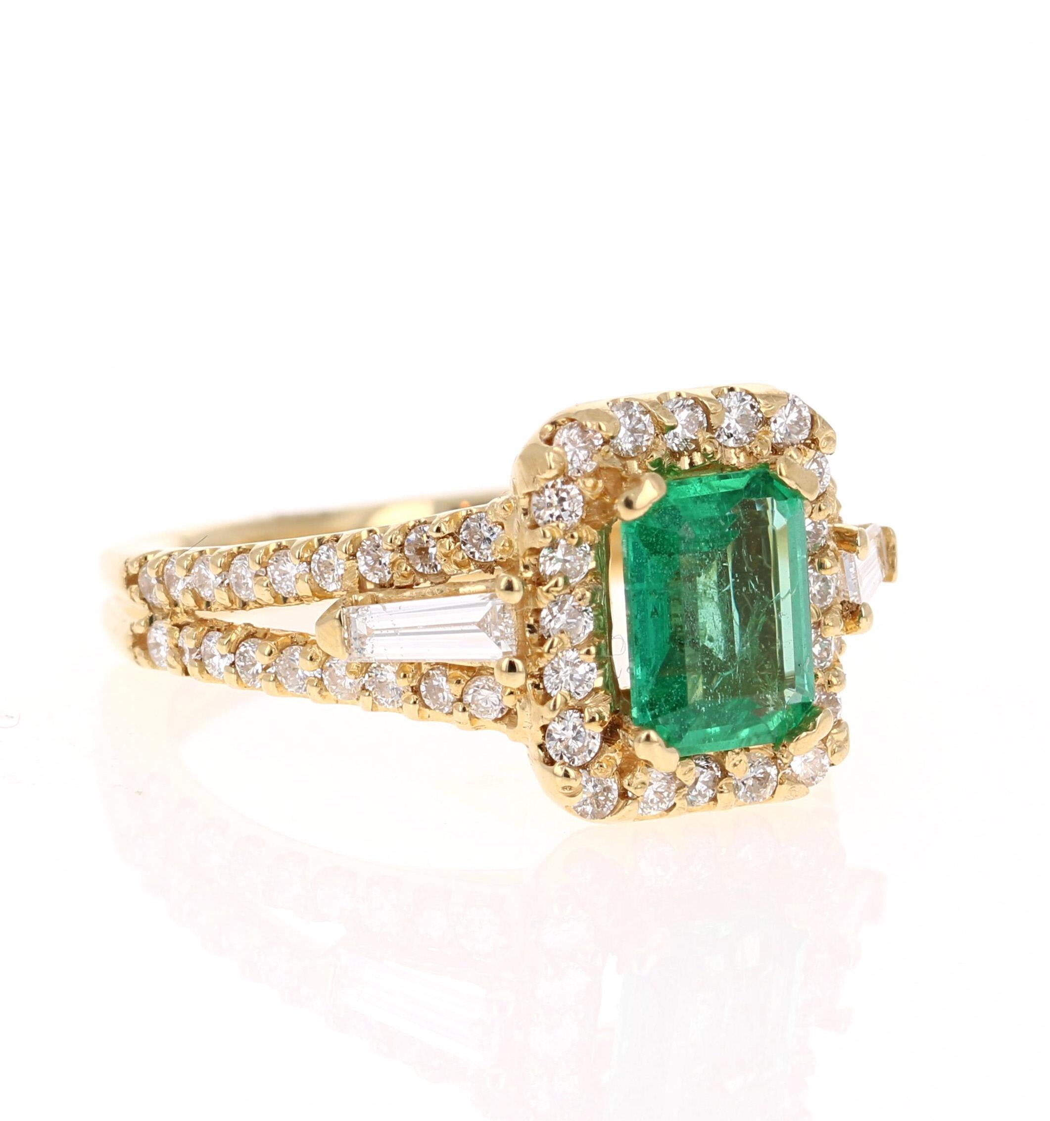 Beautiful, Delicate and Unique Emerald and Diamond Engagement Ring. 

This gorgeous ring has a 1.29 Carat Emerald Cut Emerald that is set in the center of the ring. The measurements of the Emerald are approximately 5 mm wide x 7 mm long and is GIA