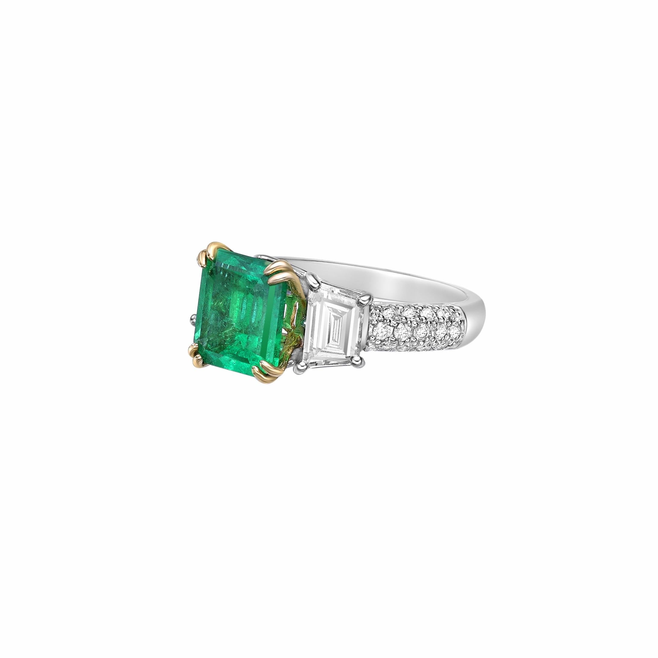 Octagon Cut 2.36 Carat Emerald Fancy Ring in 18Karat White Yellow Gold with White Diamond. For Sale