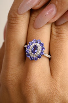2.36 CTW Tanzanite Engagement Ring with Halo Diamond in 18k Solid Yellow Gold