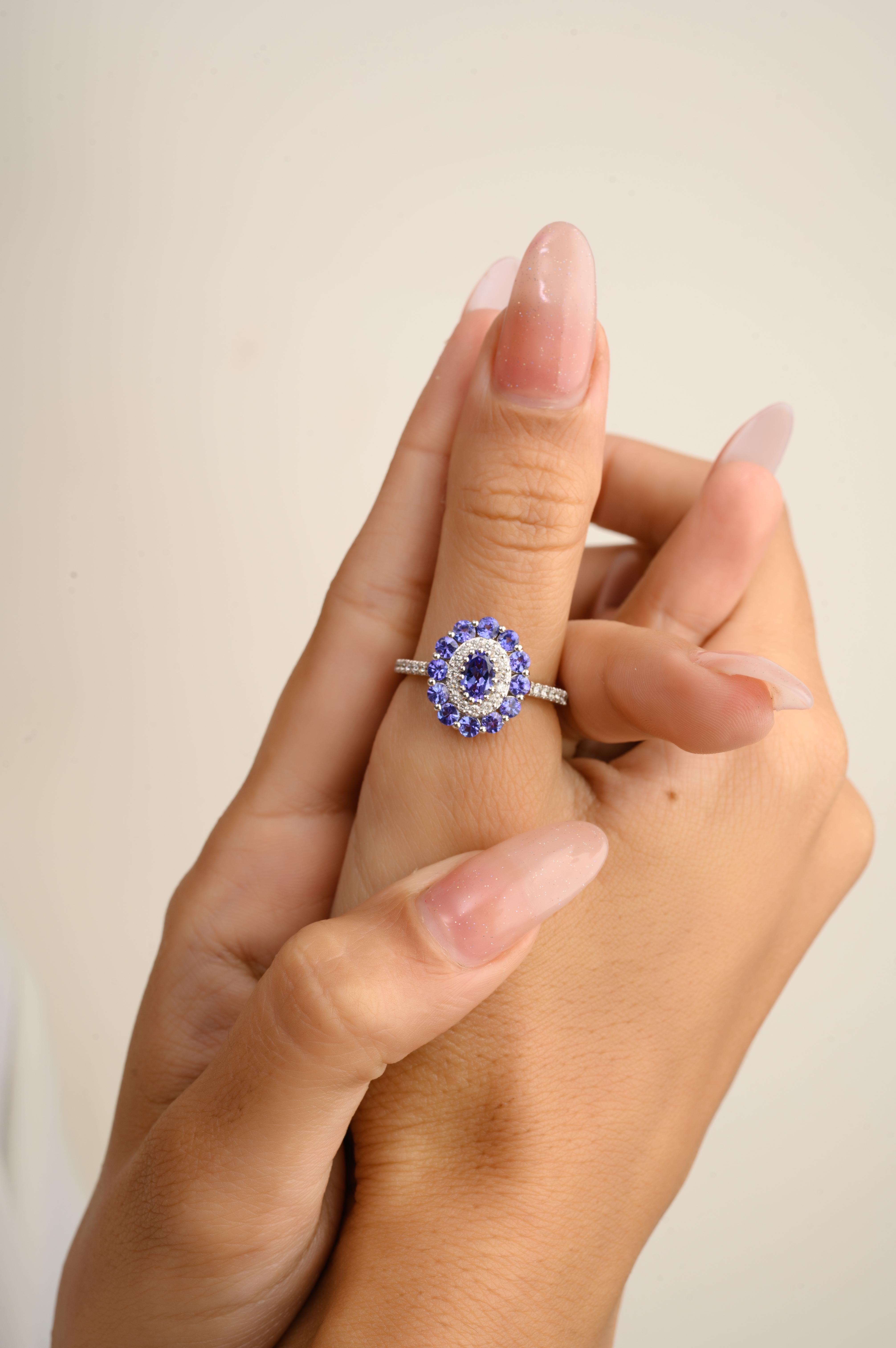 For Sale:  2.36 CTW Tanzanite Engagement Ring with Halo Diamond in 18k Solid Yellow Gold 4