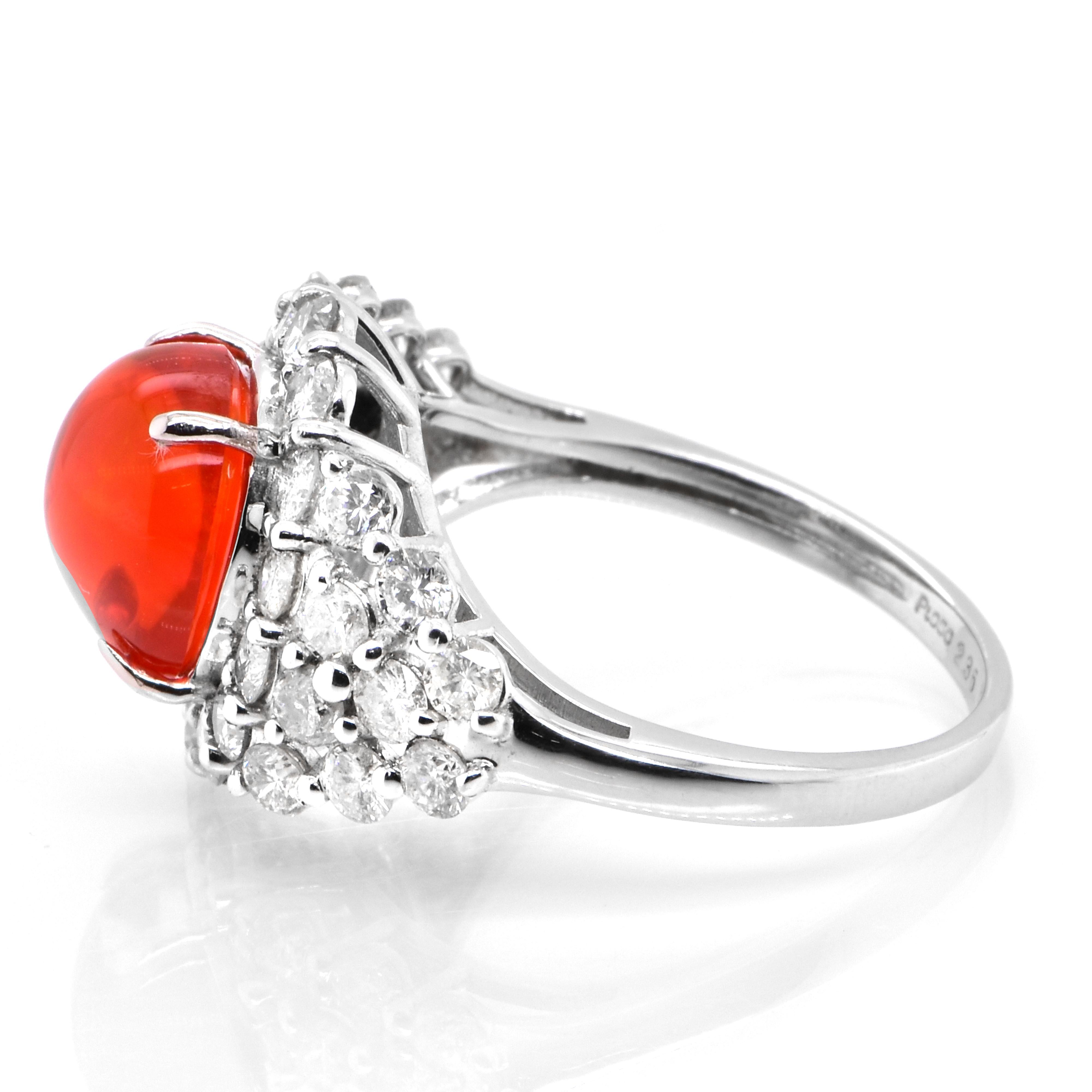 Cabochon 2.36 Carat Natural Mexican Fire Opal and Diamond Cocktail Ring Set in Platinum For Sale