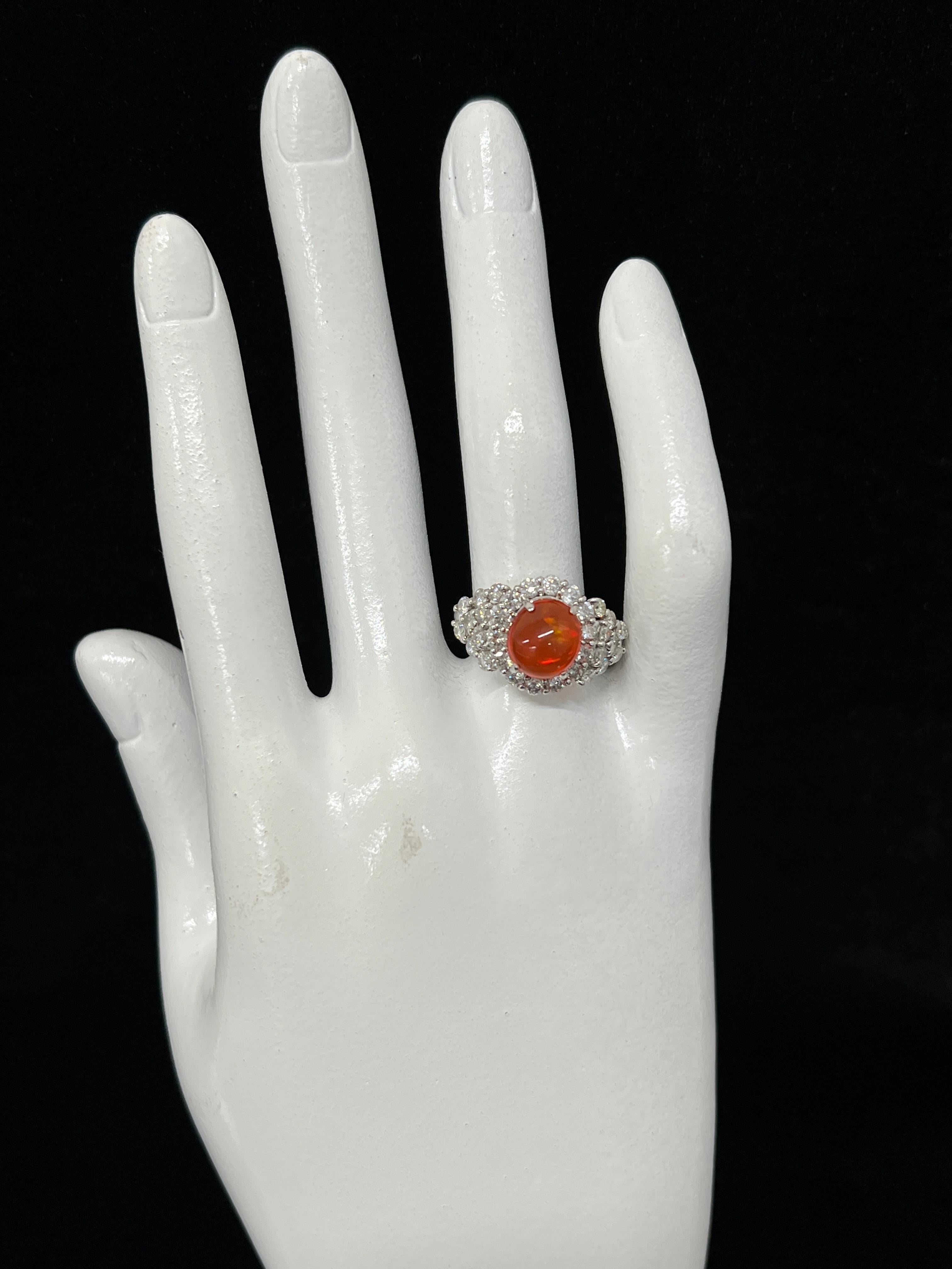 2.36 Carat Natural Mexican Fire Opal and Diamond Cocktail Ring Set in Platinum For Sale 1