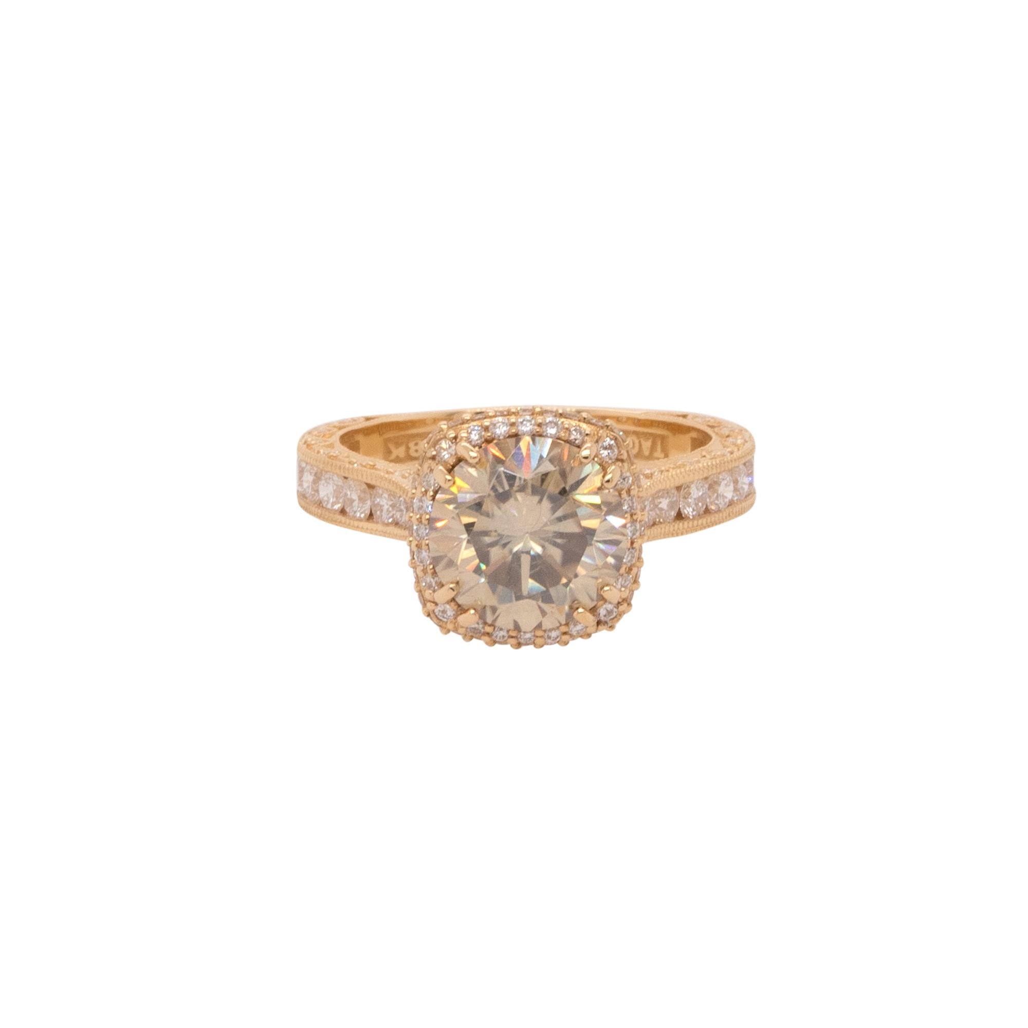 Center Details: 2.36ct Natural Round Brilliant Diamond that is Fancy Yellow in color and SI3 in clarity. Laser drilled.

Ring Material: 18k Yellow gold

Ring Details: Tacori mounting that has 1.28ctw of round cut Diamonds. Diamonds are G/H in color