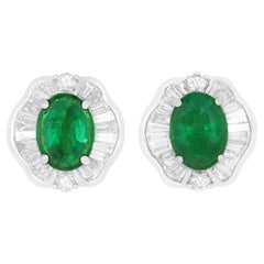 2.36 Carat Oval Natural Emerald White Diamond Baguette Stud Earring 14K Gold 