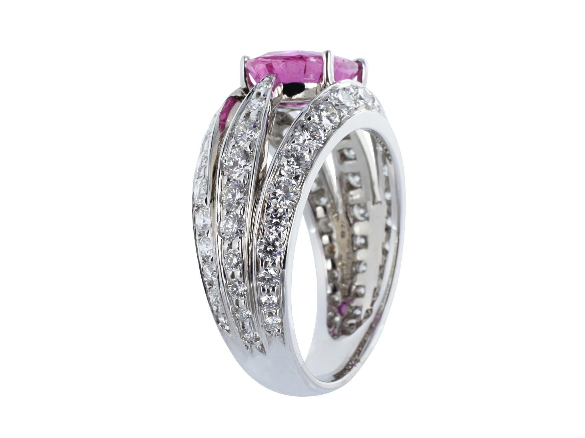 Oval Cut 2.36 Carat Pink Sapphire and Diamond Ring 18 Karat White Gold For Sale