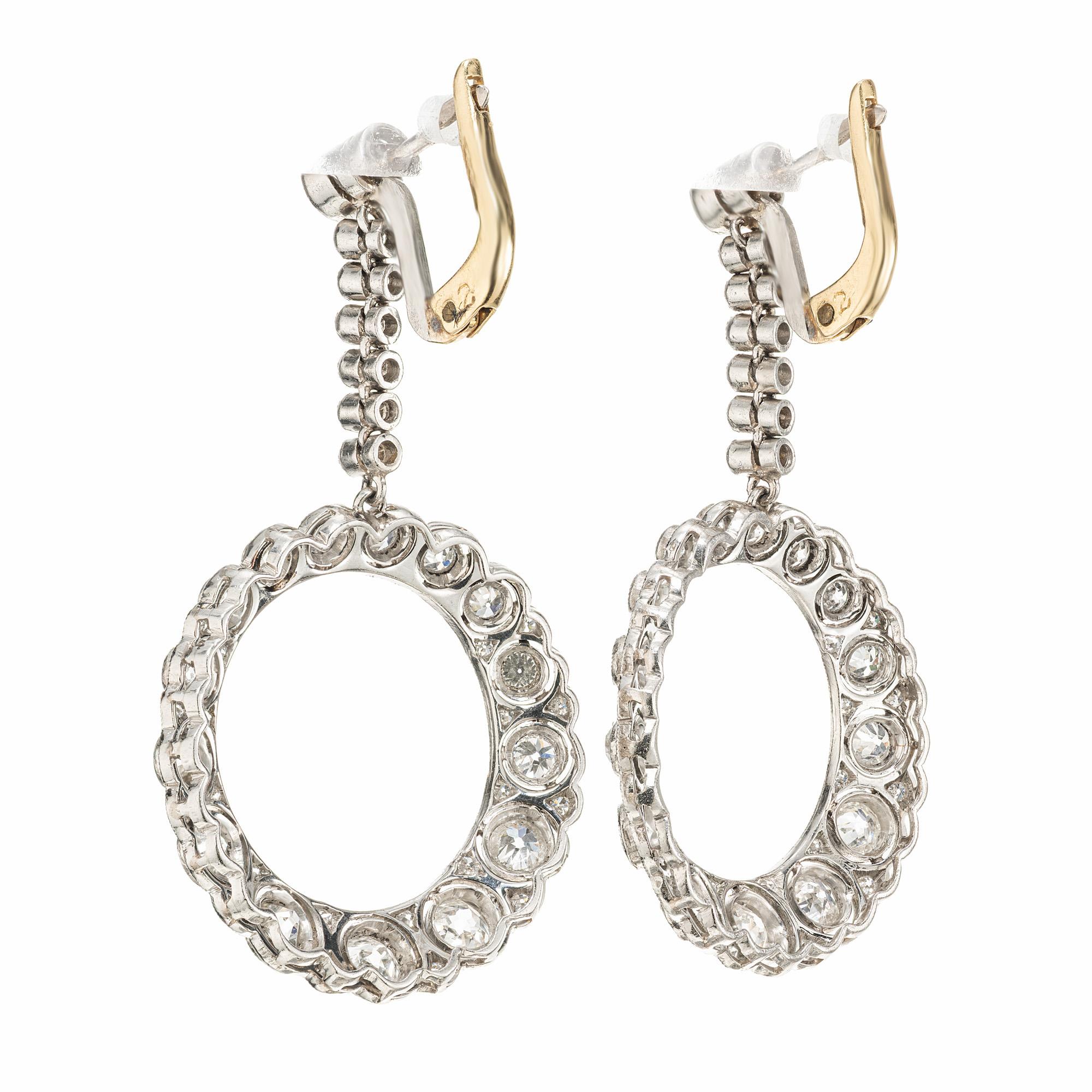 Round Cut 2.36 Carat Round Diamond Platinum Circle Dangle Art Deco Earrings For Sale