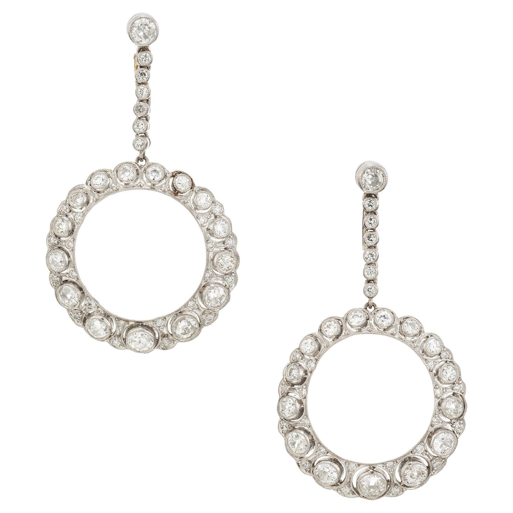 2.36 Carat Round Diamond Platinum Circle Dangle Art Deco Earrings For Sale