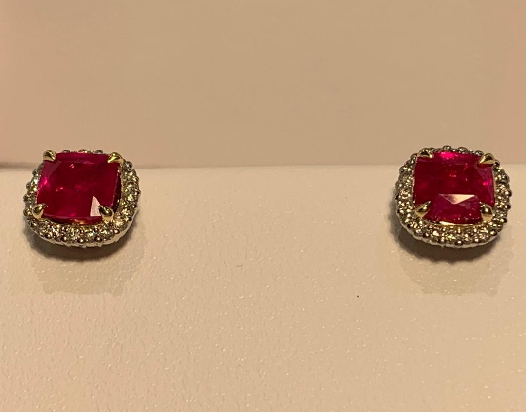  2.36 Carat Ruby and Diamond Halo Earrings in Platinum and 18 Karat Yellow Gold In Good Condition In Tustin, CA