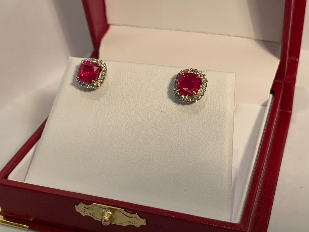 Women's or Men's 2.36 Carat Ruby and Diamond Halo Earrings in Platinum and 18 Karat Yellow Gold