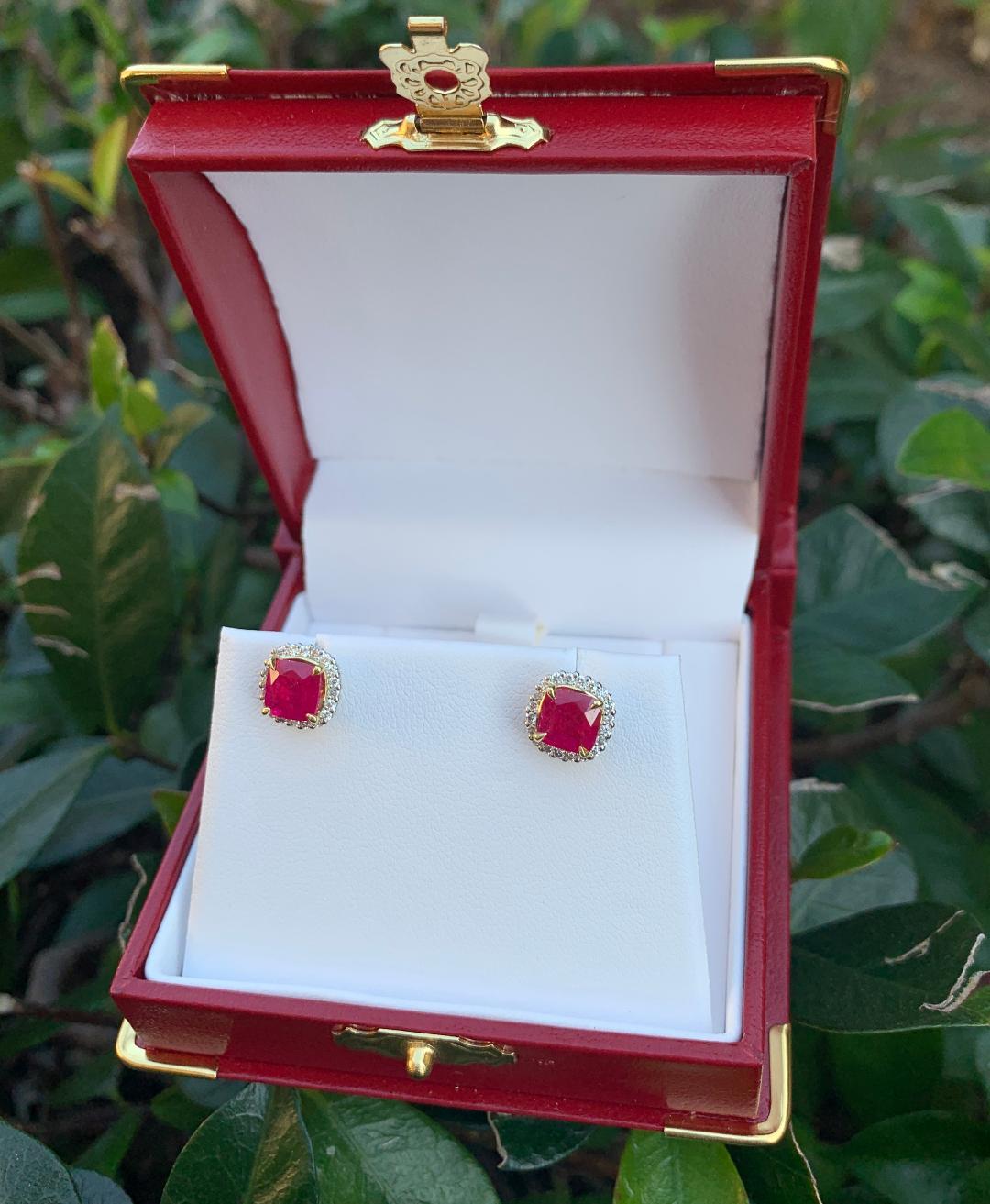  2.36 Carat Ruby and Diamond Halo Earrings in Platinum and 18 Karat Yellow Gold 3