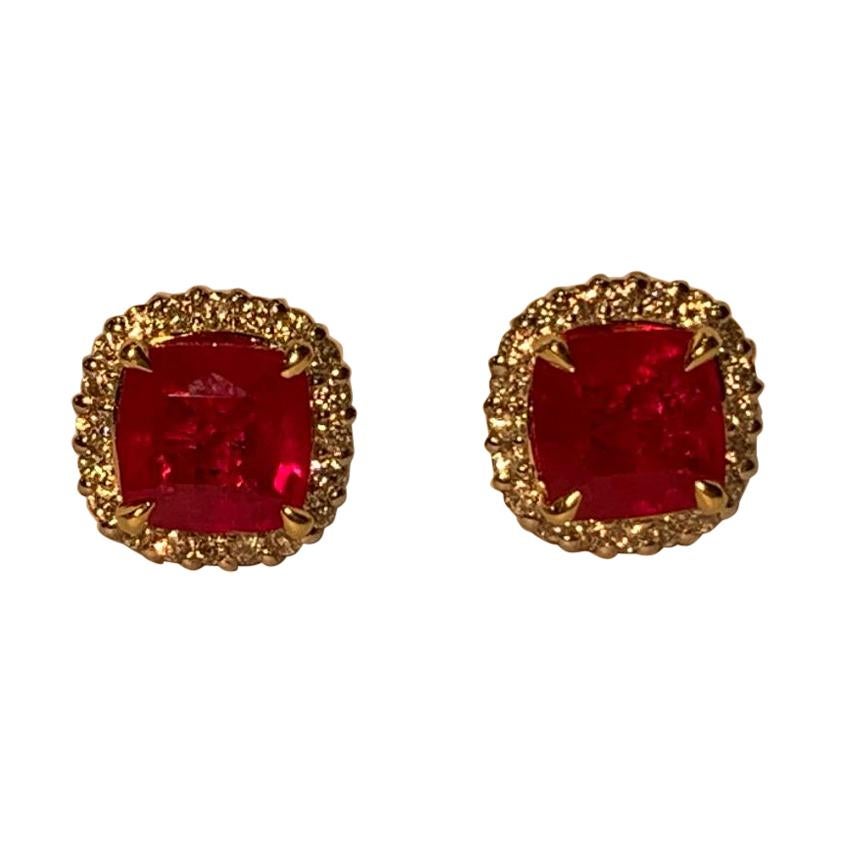  2.36 Carat Ruby and Diamond Halo Earrings in Platinum and 18 Karat Yellow Gold