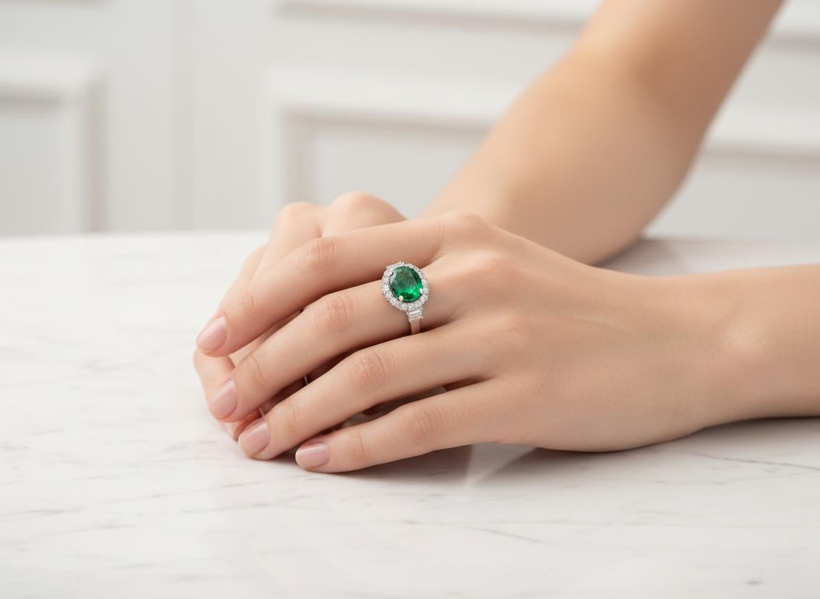 2,36 Karat sambischer ovaler natürlicher Smaragd & Diamant-Halo-Ring aus 18K Weißgold im Angebot 3