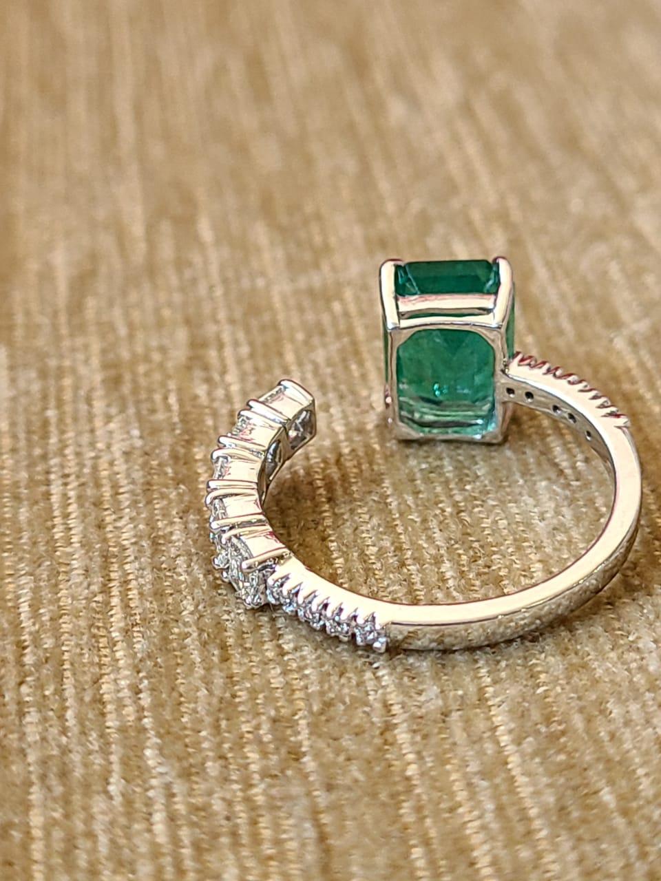 Emerald Cut 2.36 Carats Zambian Emerald & Diamonds Engagement/Cocktail Ring