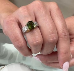 2.36 Ct Oval Green Tourmaline 18K Gold Ring Hand Engraved Baguette Diamond Ring